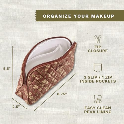 Bella Taylor Burgundy Floral Quilted Makeup Bag - Cosmetic Pouch with 4 Pockets