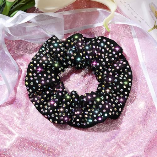 6 Pcs Glitter Black Rhinestone Cheerleading Scrunchies - Sparkly Hair Accessories for Cheerleaders & Dance