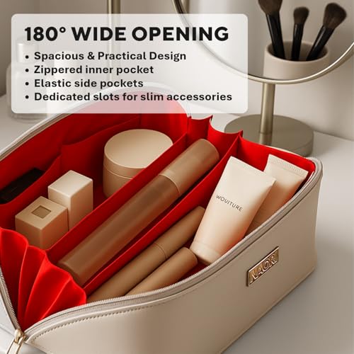 Travel Makeup Bag for Women - Large Faux Leather Cosmetic Organizer with Handle, Inner Pockets & Waterproof Finish - Creamy Beige