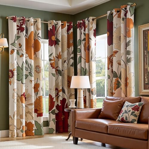 Boho Floral Blackout Curtains 84 Inch Grommet Panels - Orange/Red, 50W x 84L, Pack of 2
