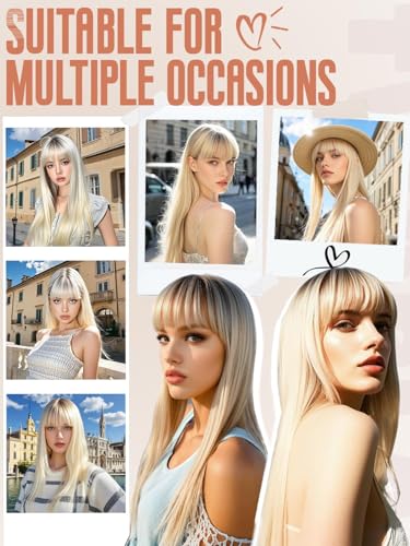 Cool Platinum Blonde Glueless Wig with Bangs | 26 Inch Long Straight