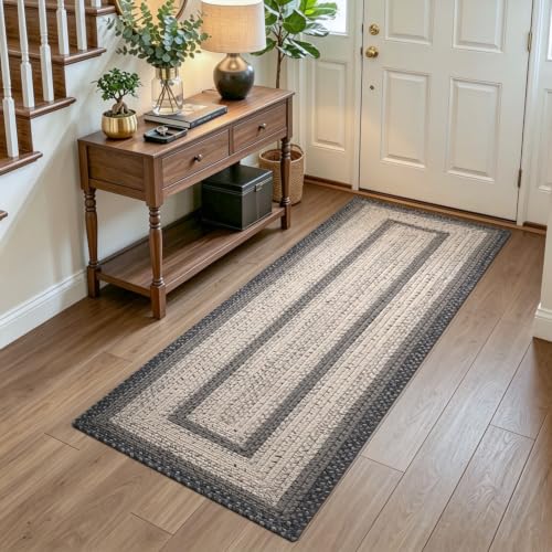 Braided Farmhouse Hallway Runner Rug 3x7 Black Ivory Non Slip Durable