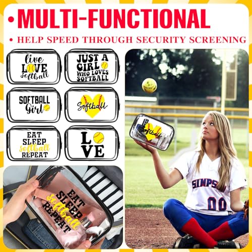 Reginary 12 Pcs 7 x 4.7 x 2.4'' Softball Makeup Bag Softball Gifts for Team Clear PVC Softball Cosmetic Case Softball Goodie Bag Stuffers Accessories for Woman Toiletry Zipper Pouch Team Party Favors