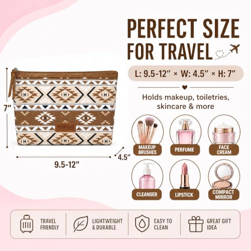 Large Waterproof Travel Makeup Bag for Women with Aztec Pattern - Tan