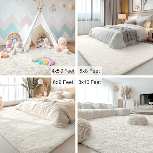 6x9 Ft Ivory Machine Washable Large Area Rug for Living Room & Bedroom - Soft Fluffy Shaggy Floor Carpet