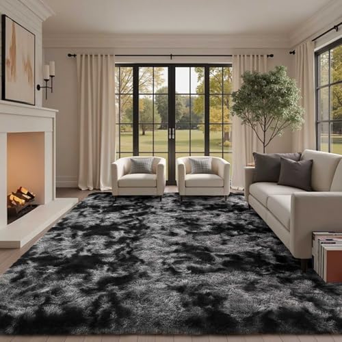 Cuzwlovita 8x10 Ft Dark Grey Tie-Dye Shag Rug - Extra Large Fluffy Area Carpet for Living Room & Bedroom