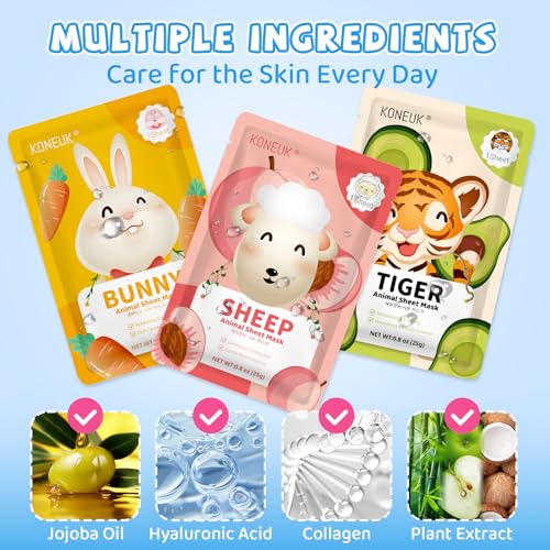 Kids Animal Face Mask Set - 54 Pack Cartoon Spa Party Supplies for Girls Teens