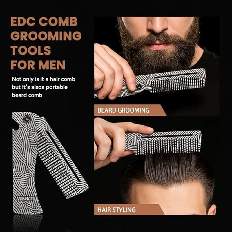Metal Hair & Beard & Mustache Comb, Multifunctional Folding EDC Pocket Beard Comb With Bottle Opener - Anti-Static for Travel and Everyday Grooming Styling