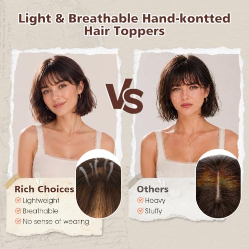 Rich Choices Human Hair Topper with Bangs, 10 Inch, Medium Brown & Dark Blonde Highlight