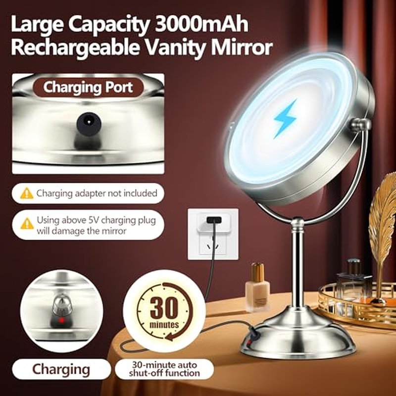 15X Magnifying Mirror with Light, Rechargeable 9" Lighted makeup mirror with magnification, 3 Color Modes, Adjustable Brightness, No Assembly Required, 360¡Æ Rotation Cosmetic Mirror, Pearl Nickel