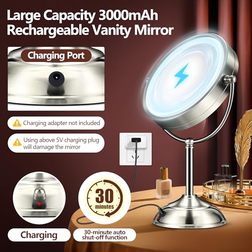 Silver 10X Lighted Makeup Mirror with 3 Color Modes & Adjustable Brightness