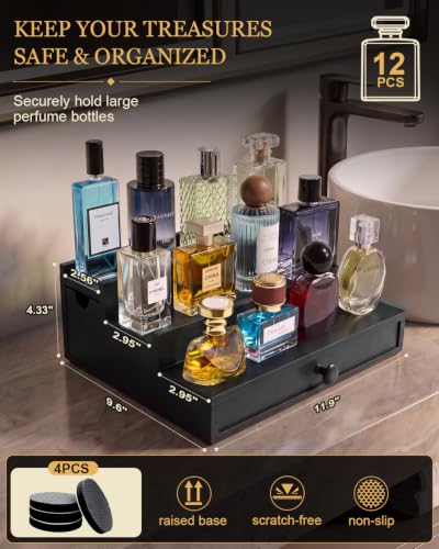 Men's 3-Tier Black Cologne Organizer Stand - Solid Pine Wood, Dual Drawers