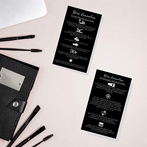 Brow Lamination Aftercare Instruction Cards | 50 Pack | 2x3.5¡± inches Business Card Size | Starter Lift Kit At Home DIY Brow Lift and Tint | Snatched Brows Black with White Icons Design