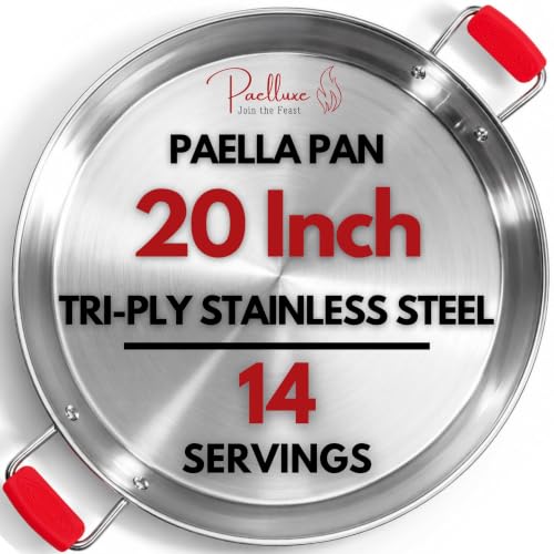 20 Inch Stainless Steel Paella Pan - Large Tri-Ply 14 Serving Paellera for Outdoors & Oven Safe