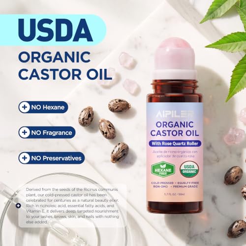 AIPILER Organic Castor Oil Rose Quartz Rollerball 1.7 Fl Oz - Mess-Free Face & Hair Treatment