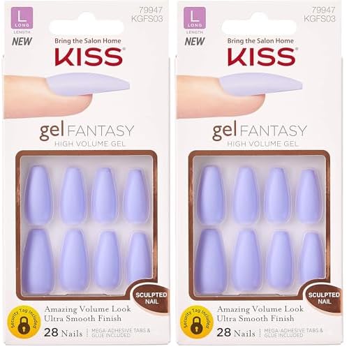 KISS Gel Fantasy Ready-to-Wear Press-On Sculpted Nails, "Night After", Long, Purple, High Arch Kit with Pink Glue, Manicure Stick, Mini File, and 28 Fake Nails (Pack of 2)