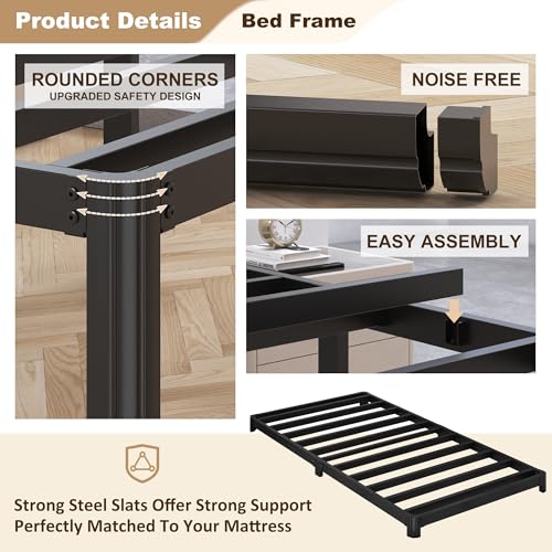 Likelalaso Twin Bed Frame 3 Inch Low Profile with Rounded Corners, No Box Spring