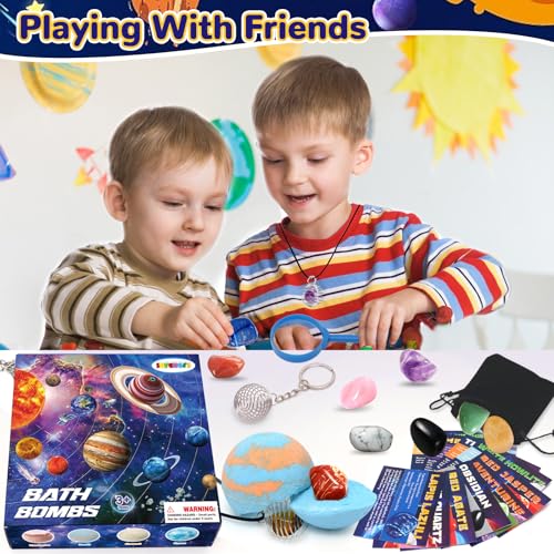 Space Themed Kids Bath Bombs Set with Surprise Gemstones - Organic, Safe & Educational 10 Pack