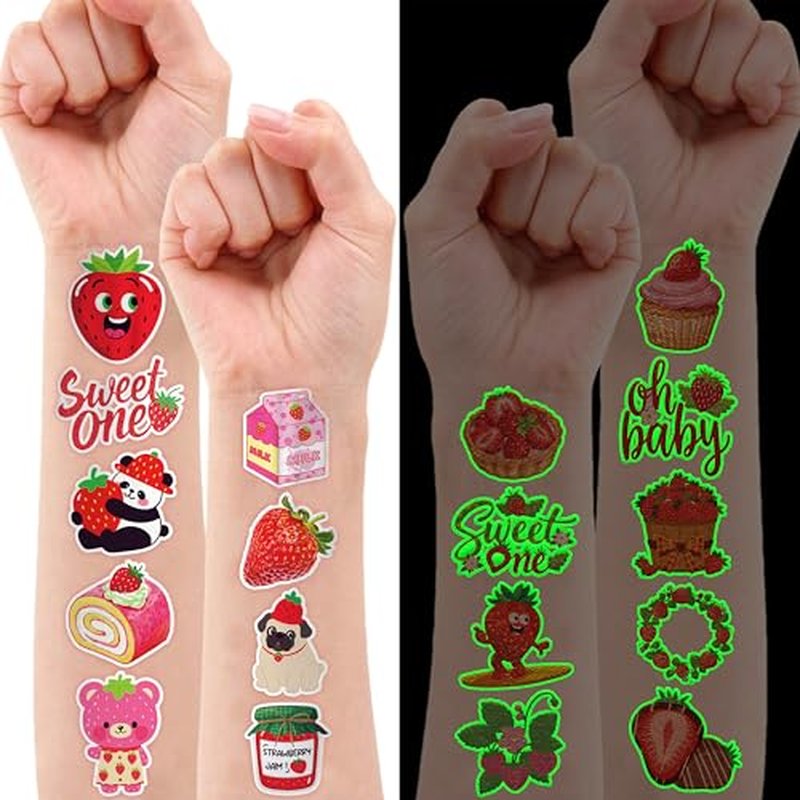 96 PCS Strawberry Berry Pre-Cut Luminous Glow in The Dark Temporary Tattoos for Kids | Super Cute 1st Themed Birthday Party Favors, Supplies, Decorations, Fake Tattoo Stickers Gifts for Boys Girls