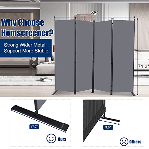 Grey 4-Panel Room Divider 88 Inch Wide Folding Privacy Screen