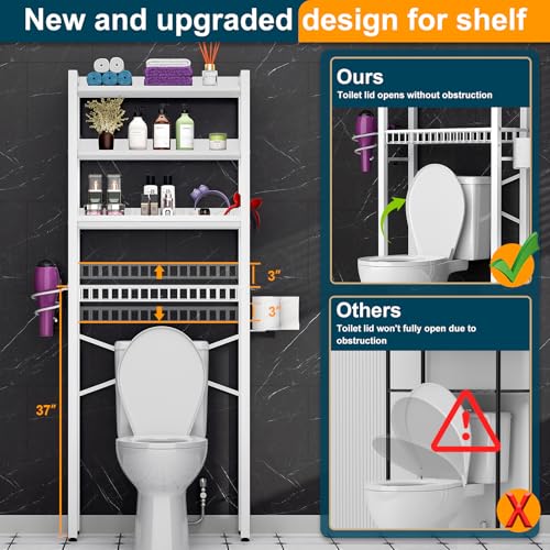 White Over The Toilet Storage Cabinet with 4 Tiers, Adjustable Shelves, Waterproof Feet Pad