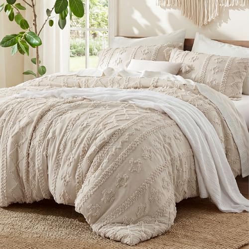 Oversized Queen Boho Comforter Set - Beige Bedding with Embroidered Tufts