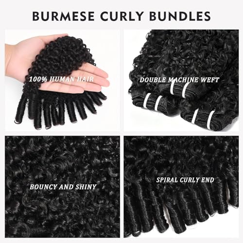 Tmbitto Burmese Curly Human Hair Bundles 16 Inch Natural Black 3C4A Spiral Weave