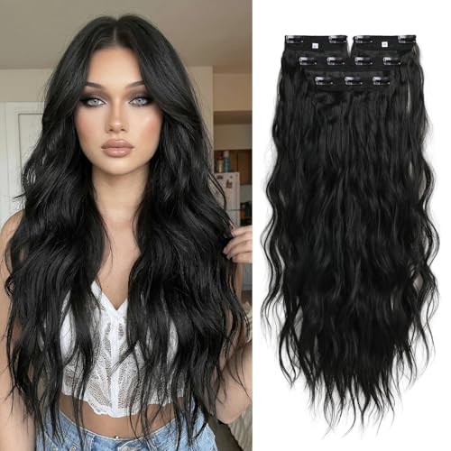 Natural Black 26 Inch Wavy Synthetic Clip-In Hair Extensions - 4PCS
