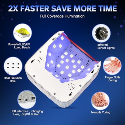UV LED Nail Lamp 72W Rechargeable Sparkly Nail Dryer Gel Polish Light with 5 Timer Setting & Handheld UV Nail Lamp, Portable LED Nail Lamp, Mini Nail Dryer