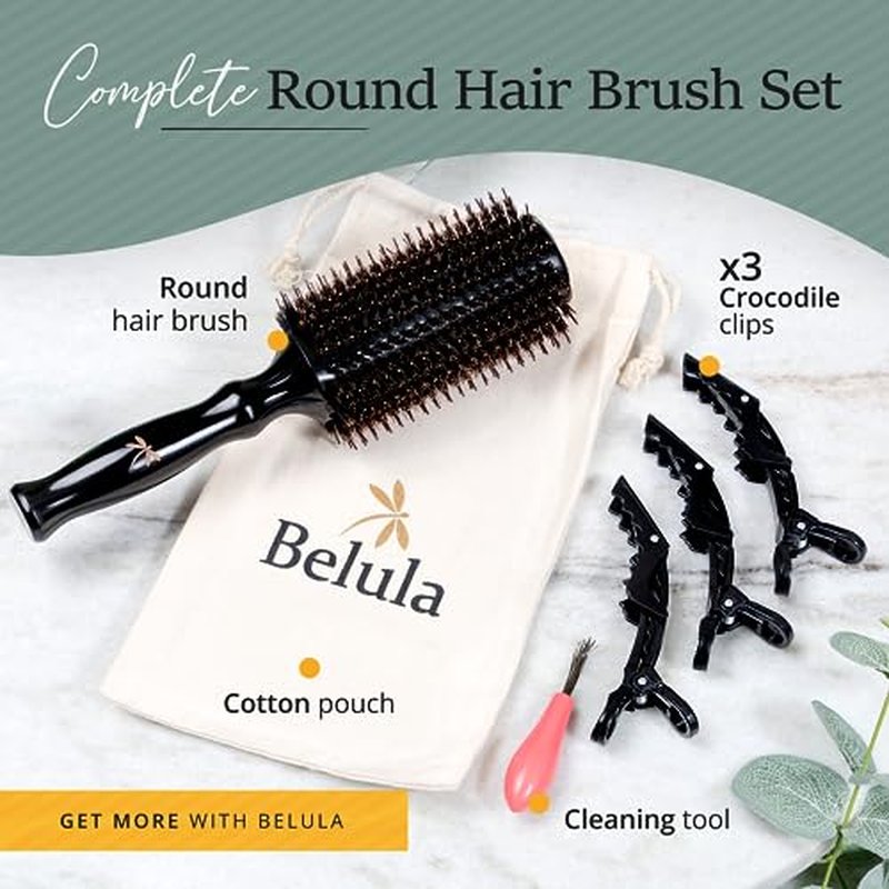 Boar Bristle Round Brush for Blow Out Set by Belula. Round Hair Brush For Blow Drying. Small 2” Wooden Barrel. Hairbrush Ideal to Add Volume and Body. Free 3 x Hair Clips & Travel Bag