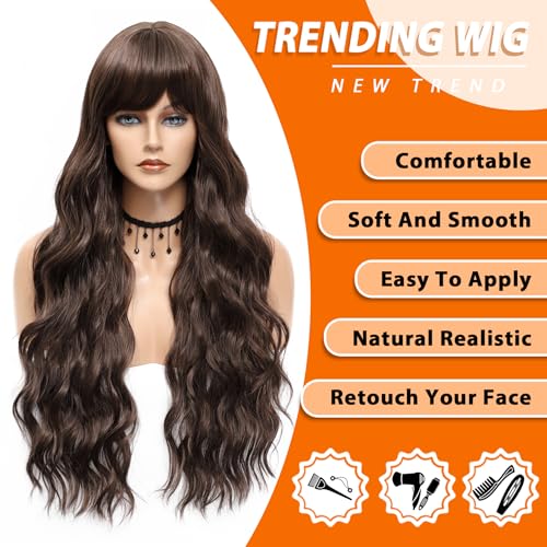 Vomella 4G 26-Inch Dark Brown Curly Wavy Wig with Bangs for Women