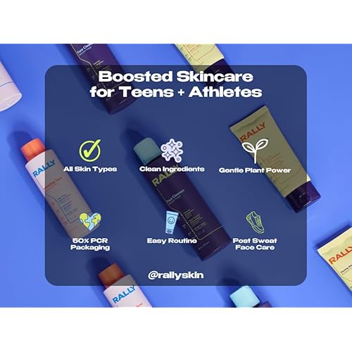 RALLY Clean Plant Powered Daily Face Routine | Healthy Skin Essentials | Teens + Athletes All Skin Types | Face Cleanser 6oz, Exfoliating Toner 4oz, Clearing Moisturizer 2oz