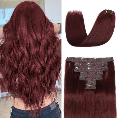 Clip in Hair Extensions Real Human Hair Burgundy Red 18 Inch 7pcs 70g/Pack - Soft, Straight, Easy to Use for Women - Variation of THIS listing