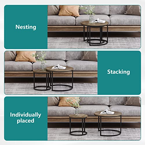 Smuxee Nesting Coffee Table Set of 2 - 23.6" Oak Round Industrial Side Tables