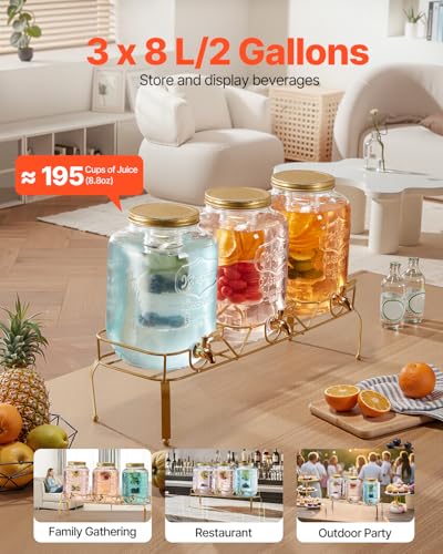 2 Gallon Beverage Dispenser 3 Pack with Metal Stand & Spigot - Glass Drink Dispensers for Parties