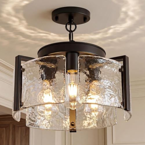 Black 14-Inch 2-in-1 Convertible Pendant & Flush Mount Chandelier - Modern Farmhouse Lighting Fixture for Dining Room, Kitchen, Entryway