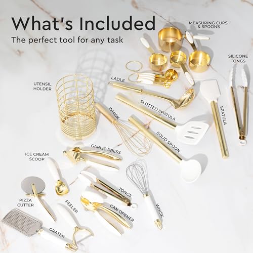 Gold Kitchen Utensils Set - 23-Piece White & Gold Cookware with Holder, Champagne Gold Variation