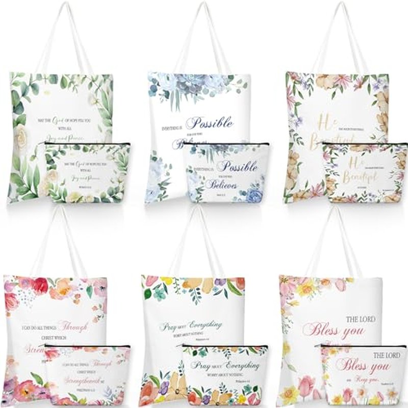 Aliceset 12 Pcs Christian Gift for Women Including 6 Bible Verse Tote Bags 6 Inspirational Makeup Bags with Zipper Religious Motivational Christian Gifts for Coworkers Church(White,Colorful)