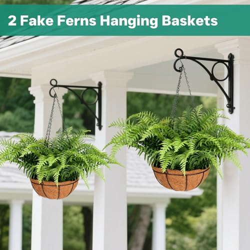 Green 2 Pack Fake Hanging Ferns with Baskets - UV Resistant Outdoor Plants, No Assembly, Realistic Decor for Porch & Garden