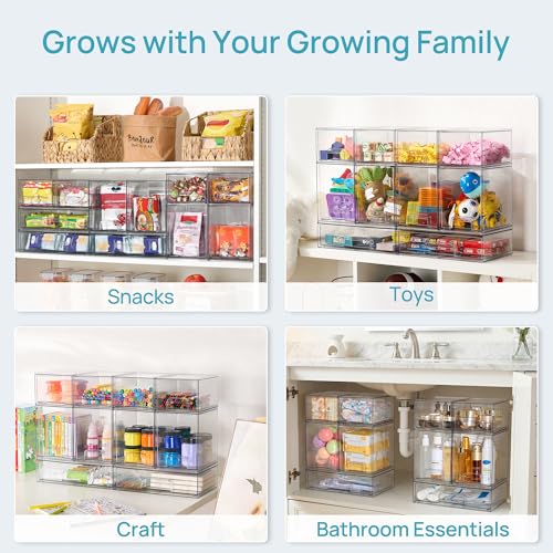 Stackable Storage Drawers Set of 8 - Clear Plastic Organizer Bins with Handles & Non-Slip Feet - Includes 4 Small, 2 High, 2 Wide
