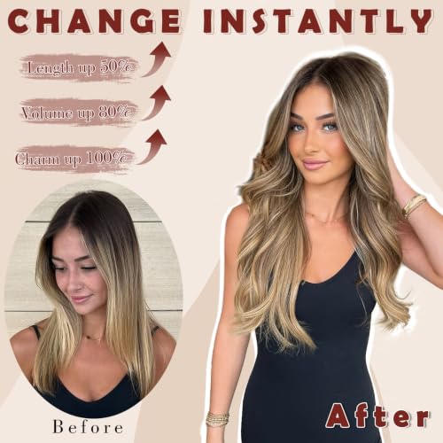 Clip-In Hair Extensions 24 Inch Blonde Highlights - 4 Pcs Thick Wavy Synthetic Blend, Dirty Blonde Variation