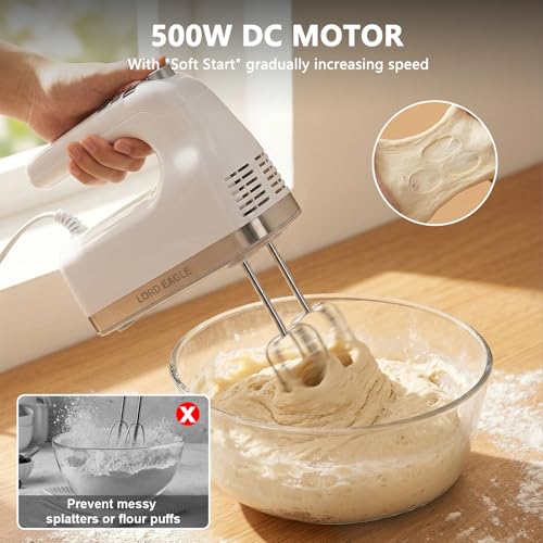 White 9-Speed Digital Hand Mixer 500W Quiet Electric Handheld Kitchen Appliance