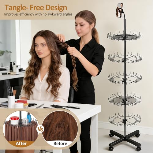Braiding Hair Rack with Phone Holder, 140 Pegs Hair Braiding Stand with Wheels Height Adjustable Hair Extension Holder for Hair Stylists, Braiders, Home, Salon, Hair Separator for Braiding