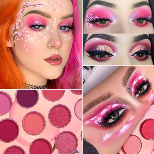 DE'LANCI Pink Eyeshadow Palette, Highly Pigmented Bright Hot Pink Eye Shadow Pallet, Bright Peach Rose Purple Red Eyeshadow Makeup Palette, for Girl Women Cute Suger Skull Candy Blush Goth Makeup