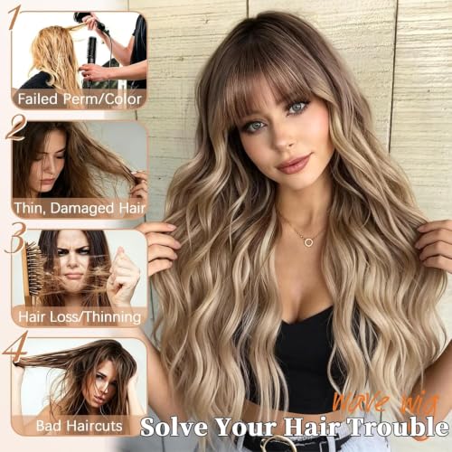 Long Curly Wavy Blonde Wig with Bangs for Women - Dark Blonde Variation