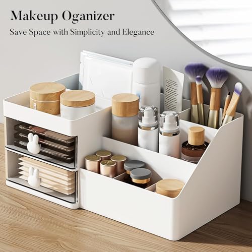 Makeup Organizer with Drawers for Vanity, Cosmetic Storage Box - White-Clear