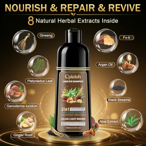 Light Brown Hair Dye Shampoo for Gray Coverage - 3 in 1 Hair Color Shampoo - Gentle & Natural Formula