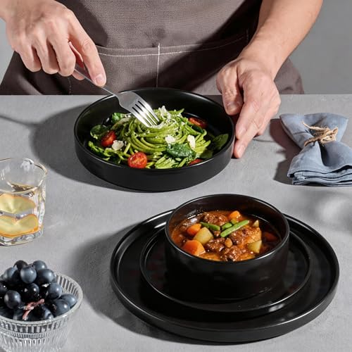 E-far Matte Black 16-Piece Stoneware Dinnerware Set for 4 - Ripple Design