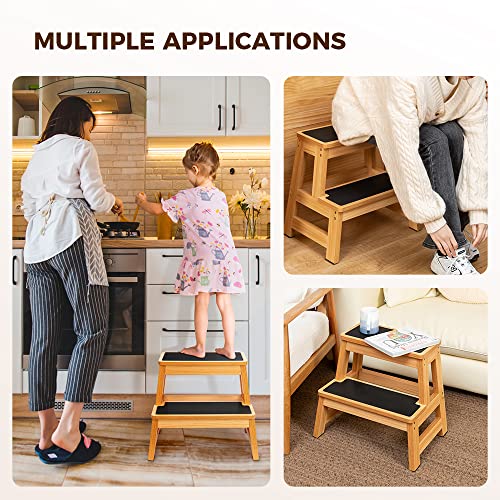 Wooden 2 Step Stool for Adults, 17.5 Inch, 500 lb Capacity, Non-Slip