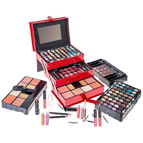 SHANY All In One Makeup Set, Eyeshadow, Blushes, Face Powder, Lipstick, Eye liners, Make up Pencils and Cosmetics Mirror - Makeup Kit With Reusable Storage Beauty Box - Red